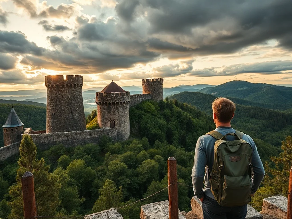 Turysta w stroju trekkingowym podziwia monumentalną Twierdzę Srebrna Góra na tle zachodzącego słońca i górskiego krajobrazu.