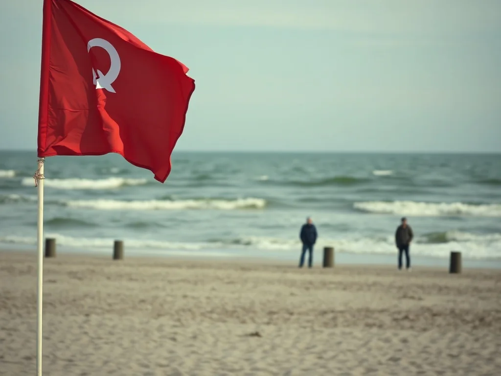 Czerwona flaga powiewająca na plaży nad Bałtykiem, ostrzegająca przed zakazem kąpieli w niespokojnym morzu.