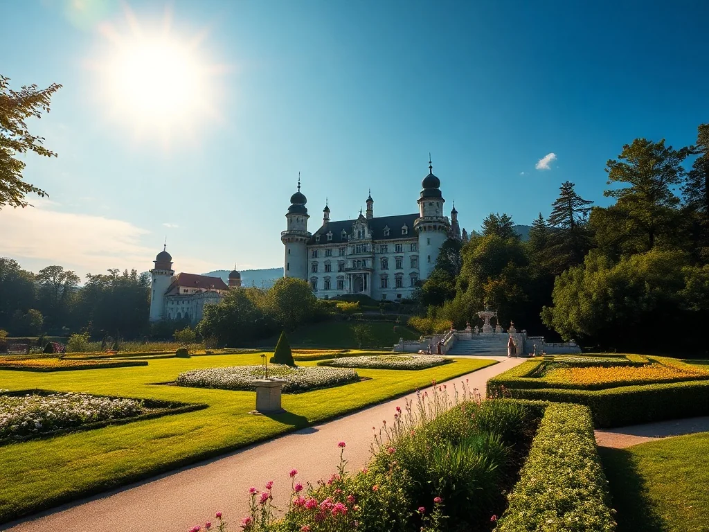 Majestatyczny Zamek w Mosznej z licznymi wieżyczkami, otoczony zielonym parkiem w promieniach zachodzącego słońca.